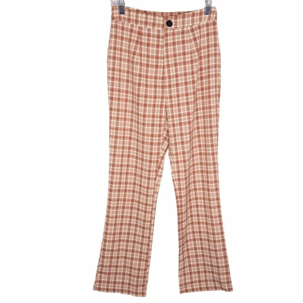 Shein Brown Cream Checkered High-Waisted Straight Leg Pants Plaid Fall